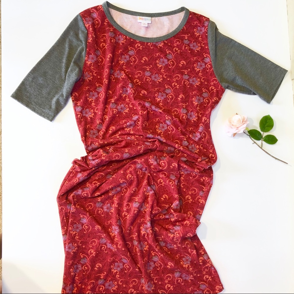 LuLaRoe Julia Floral Bodice Gray Sleeves Dress